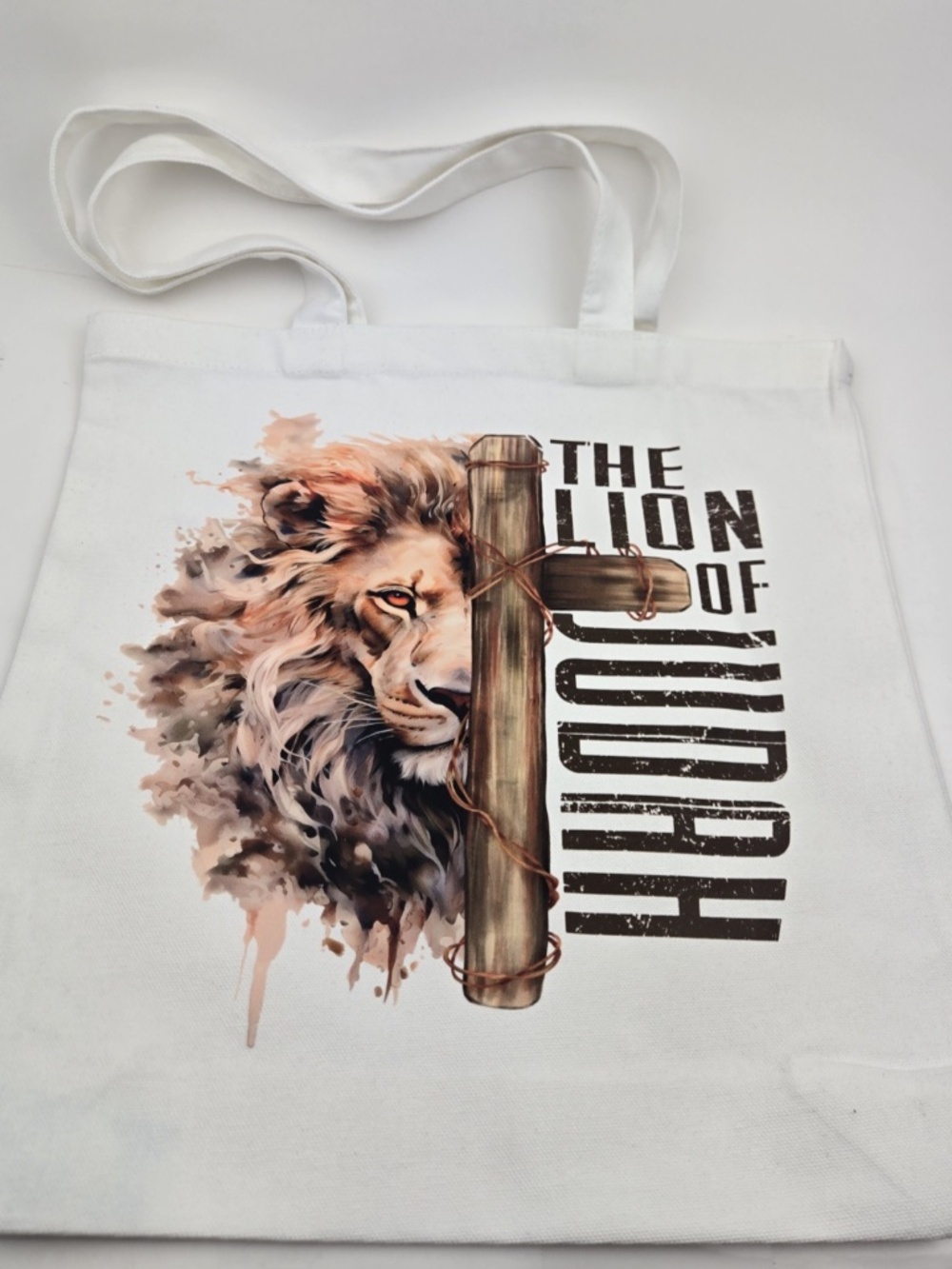 Tote Bag Lion of Judah White Carry Handle Canvas Religious Cross Lion 13.5x13.5